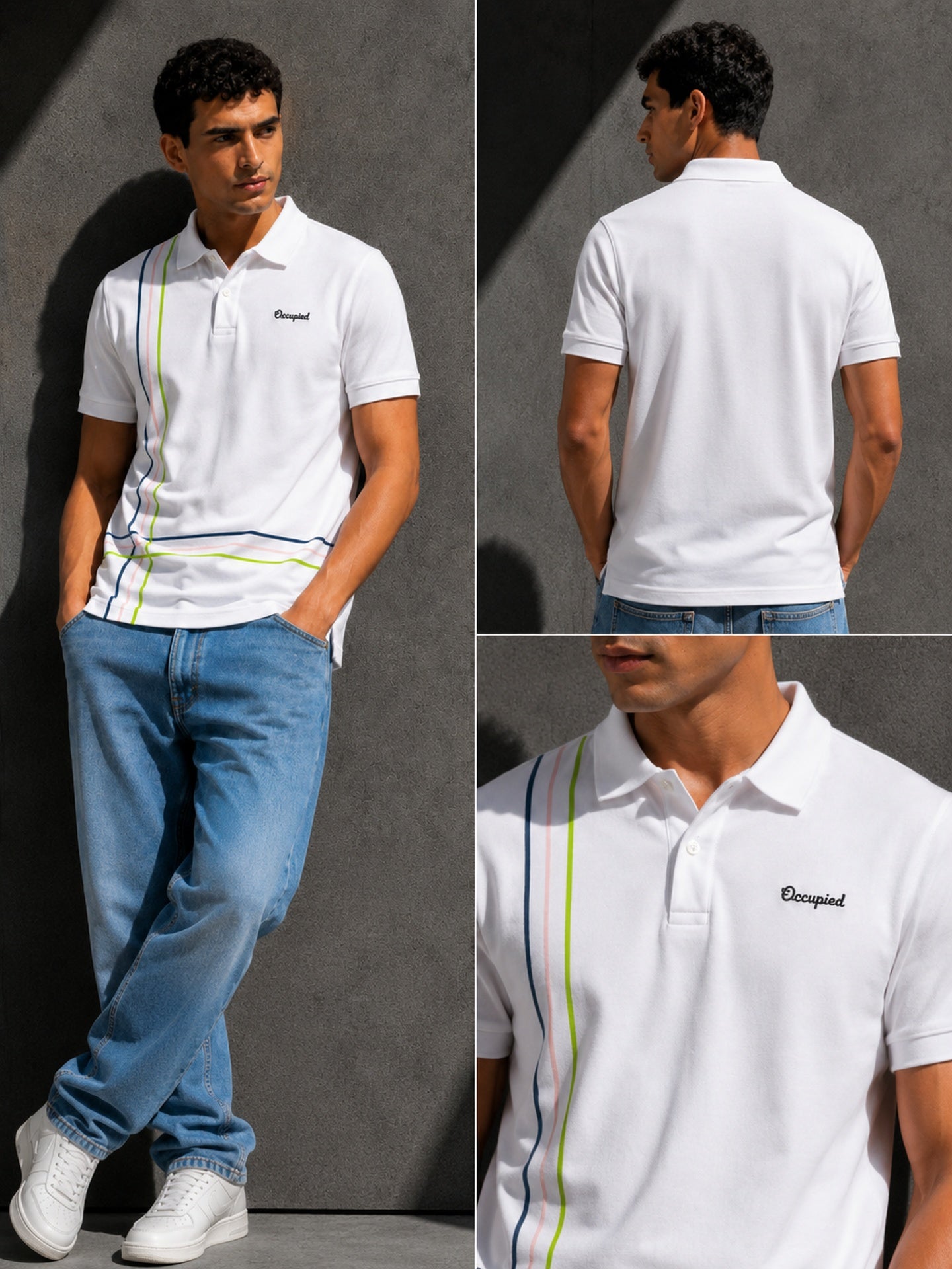 Mens Polo Neck Half Sleeve T-Shirt with Cut and Sew Contrast Sleeve White