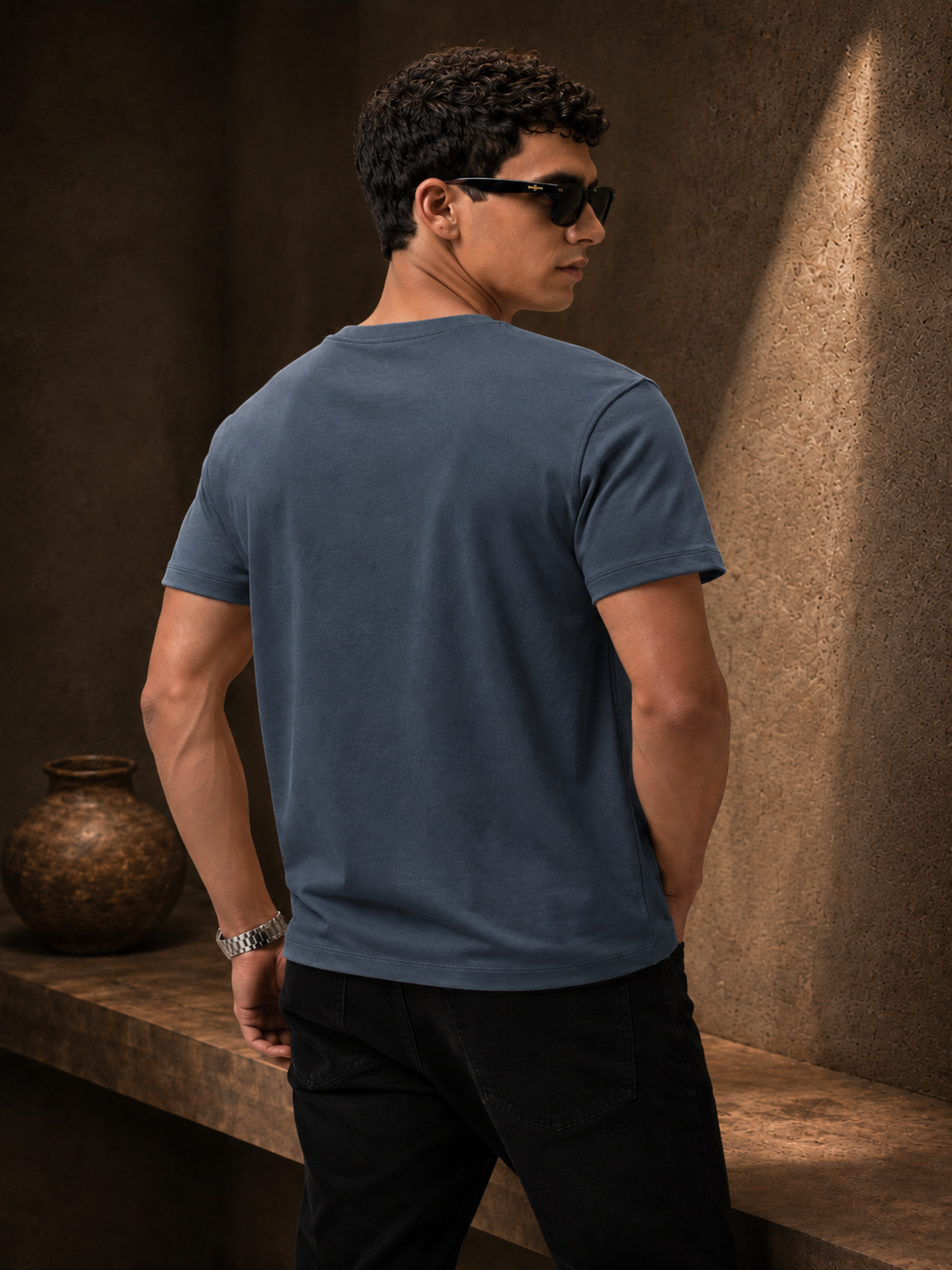 Mens Crew Neck Half Sleeve T-Shirt with Chest Print & Woven Badge Grey