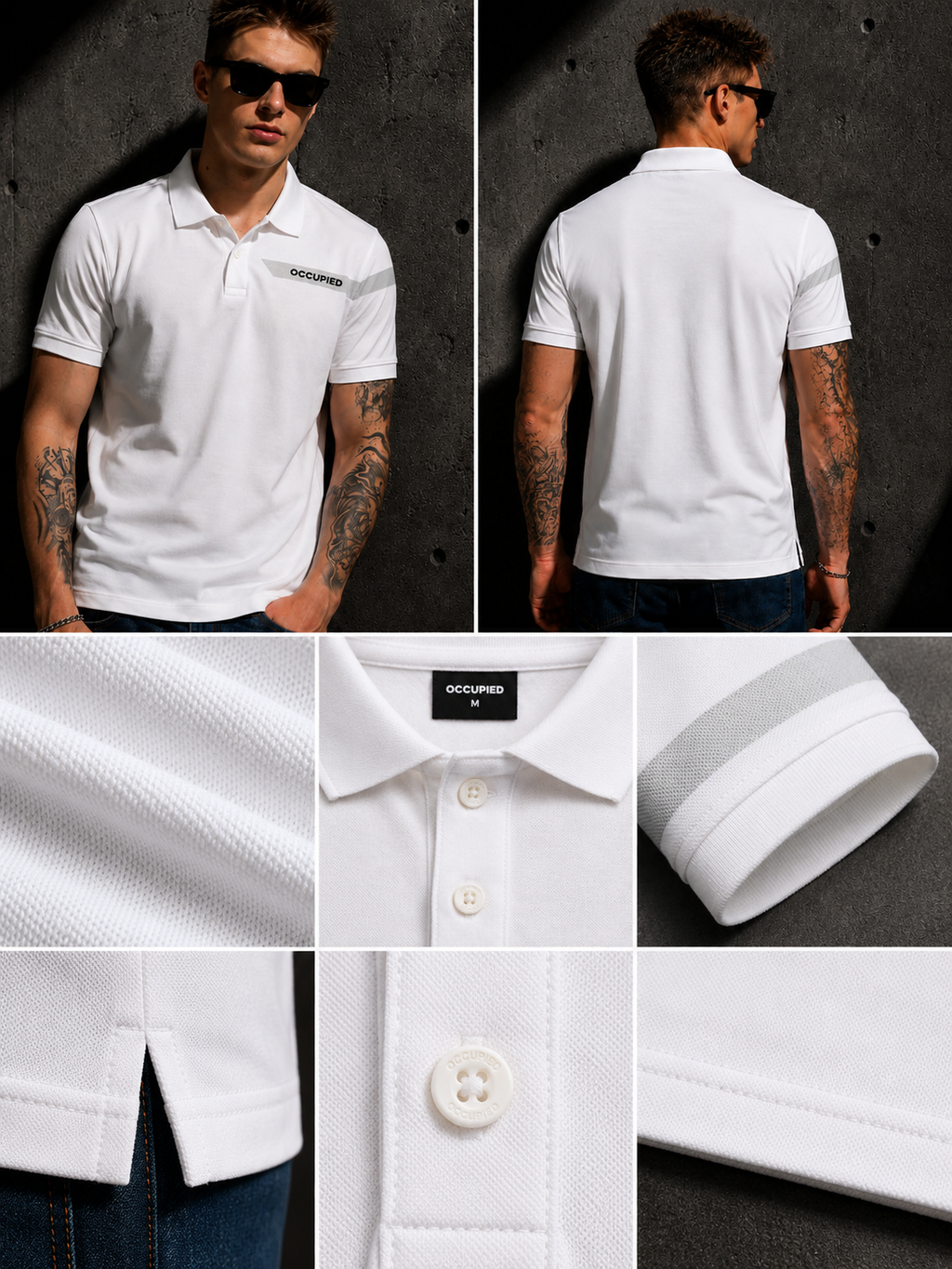 Mens Polo Neck Half Sleeve T-Shirt with Open Placket & HD Badge White