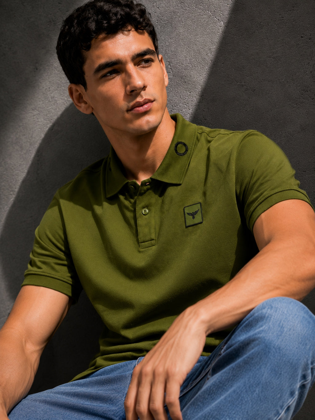 Mens Polo Neck Half Sleeve T-Shirt with Cut and Sew Contrast Sleeve Olive