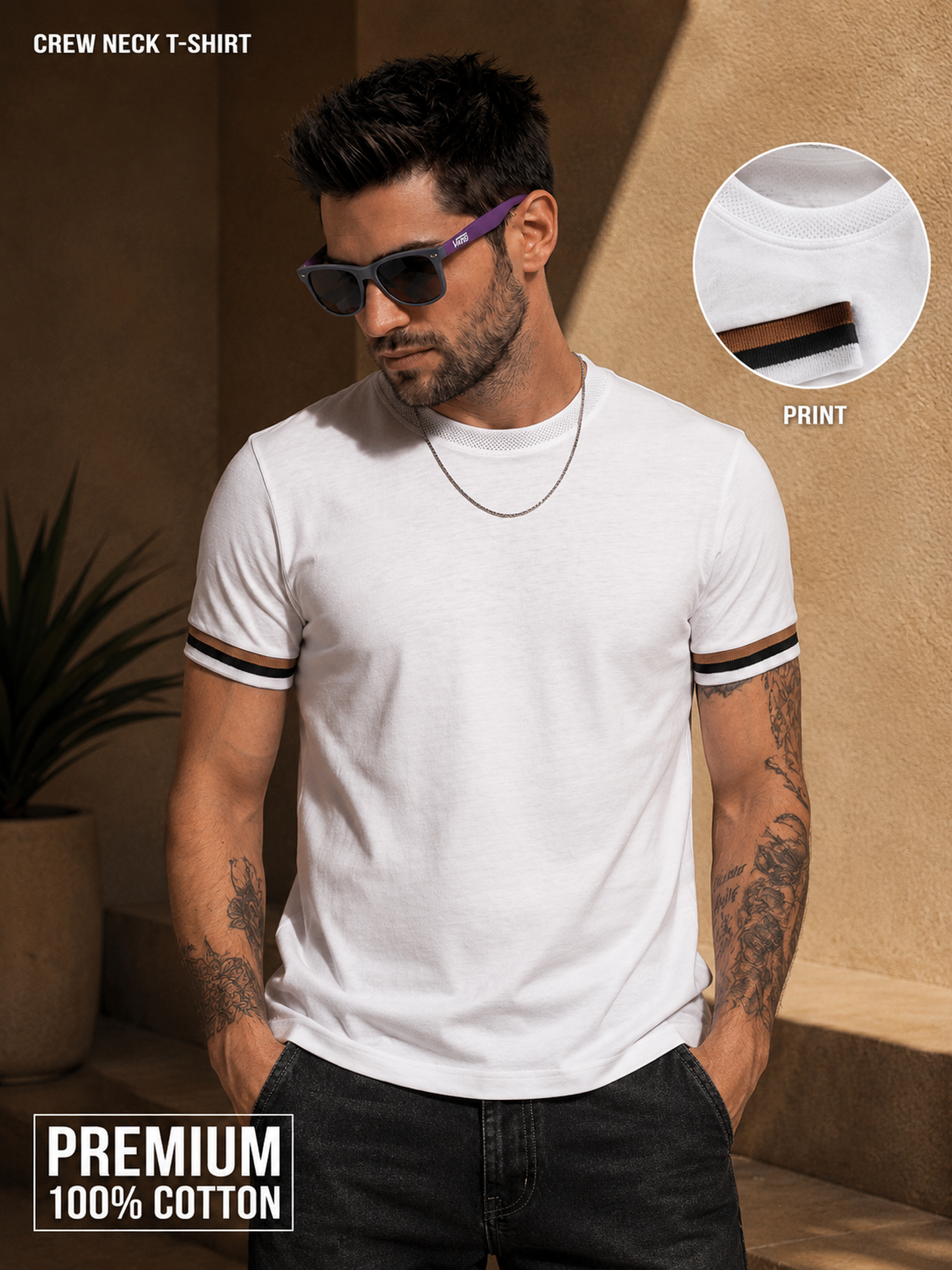 Mens Crew Neck Half Sleeve Solid T-Shirt with Contrast Cuff & Rib White
