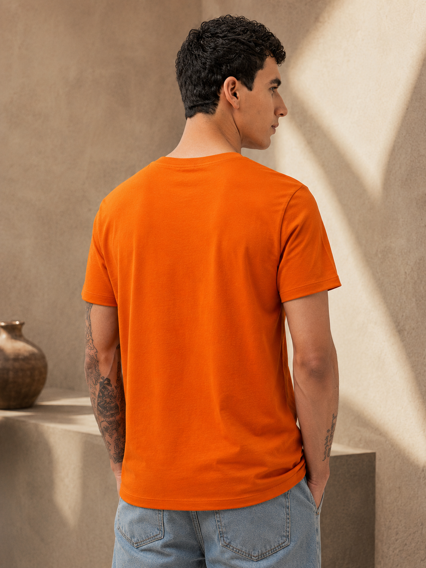 Mens Crew Neck Half Sleeve T-Shirt with Chenille Embroidery Orange