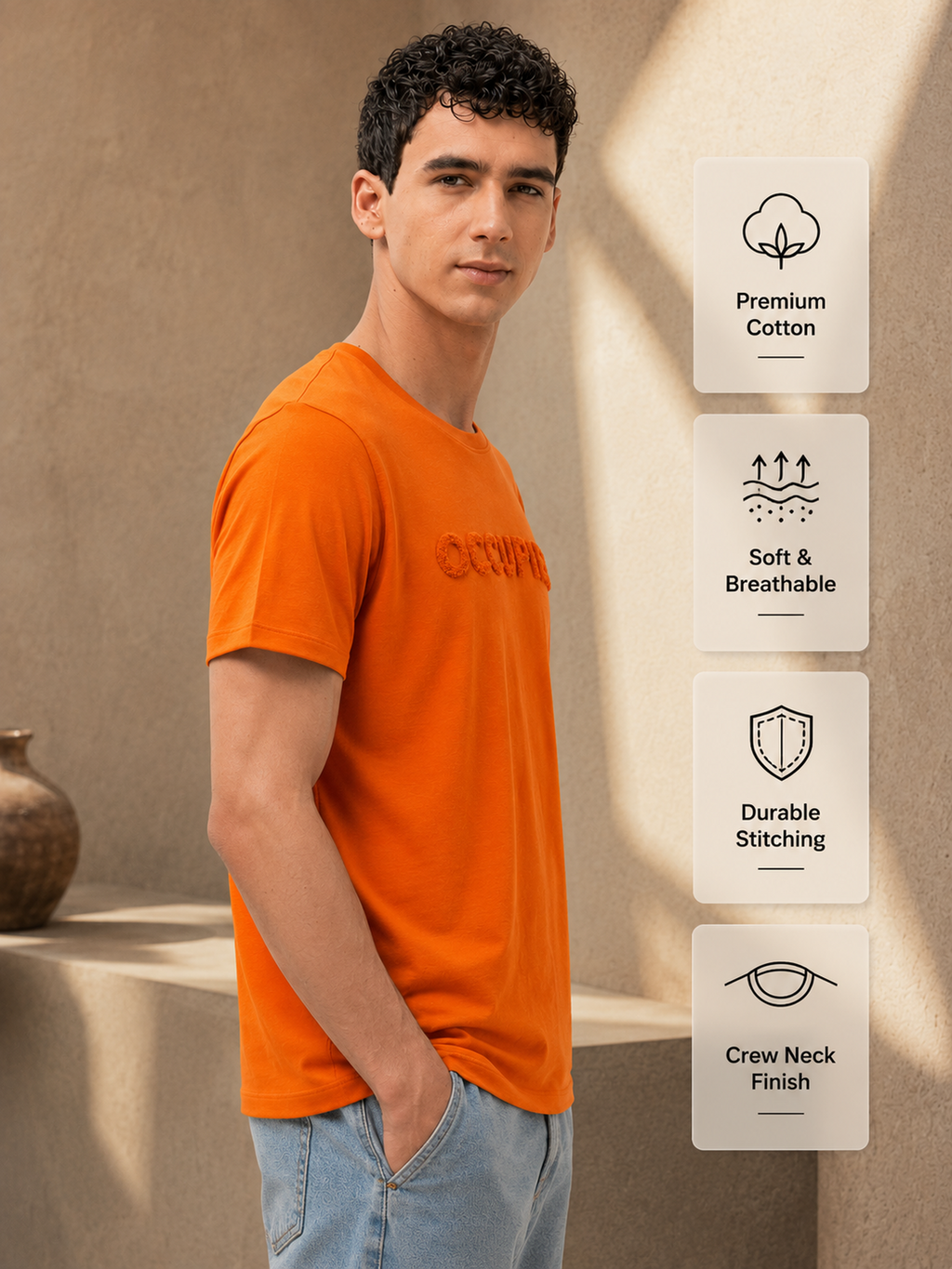Mens Crew Neck Half Sleeve T-Shirt with Chenille Embroidery Orange