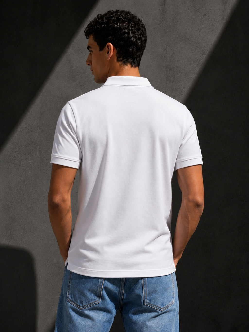Mens Polo Neck Half Sleeve T-Shirt with Cut and Sew Contrast Sleeve White