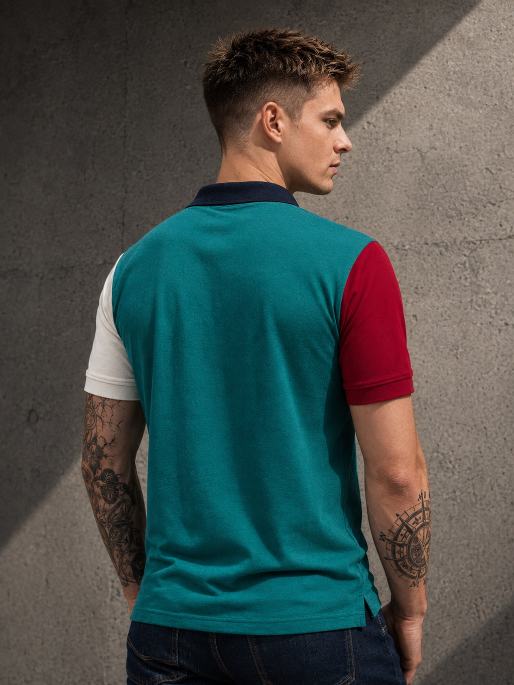 Mens Polo Neck Half Sleeve T-Shirt with Cut and Sew Contrast Sleeve Multicolor