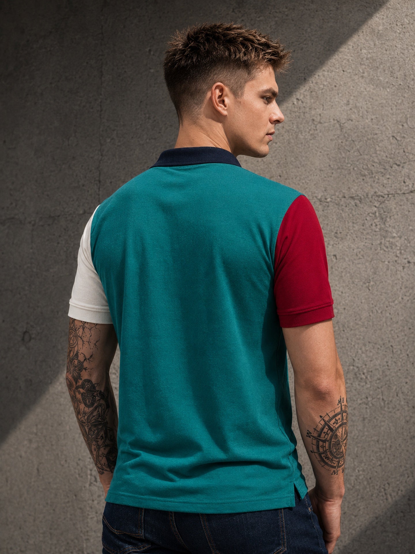 Mens Polo Neck Half Sleeve T-Shirt with Cut and Sew Contrast Sleeve Multicolor