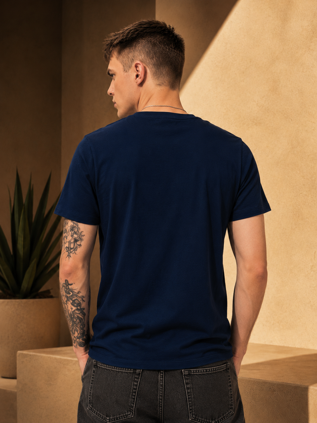 Mens Crew Neck Half Sleeve T-Shirt with  Chest Print Navy Blue