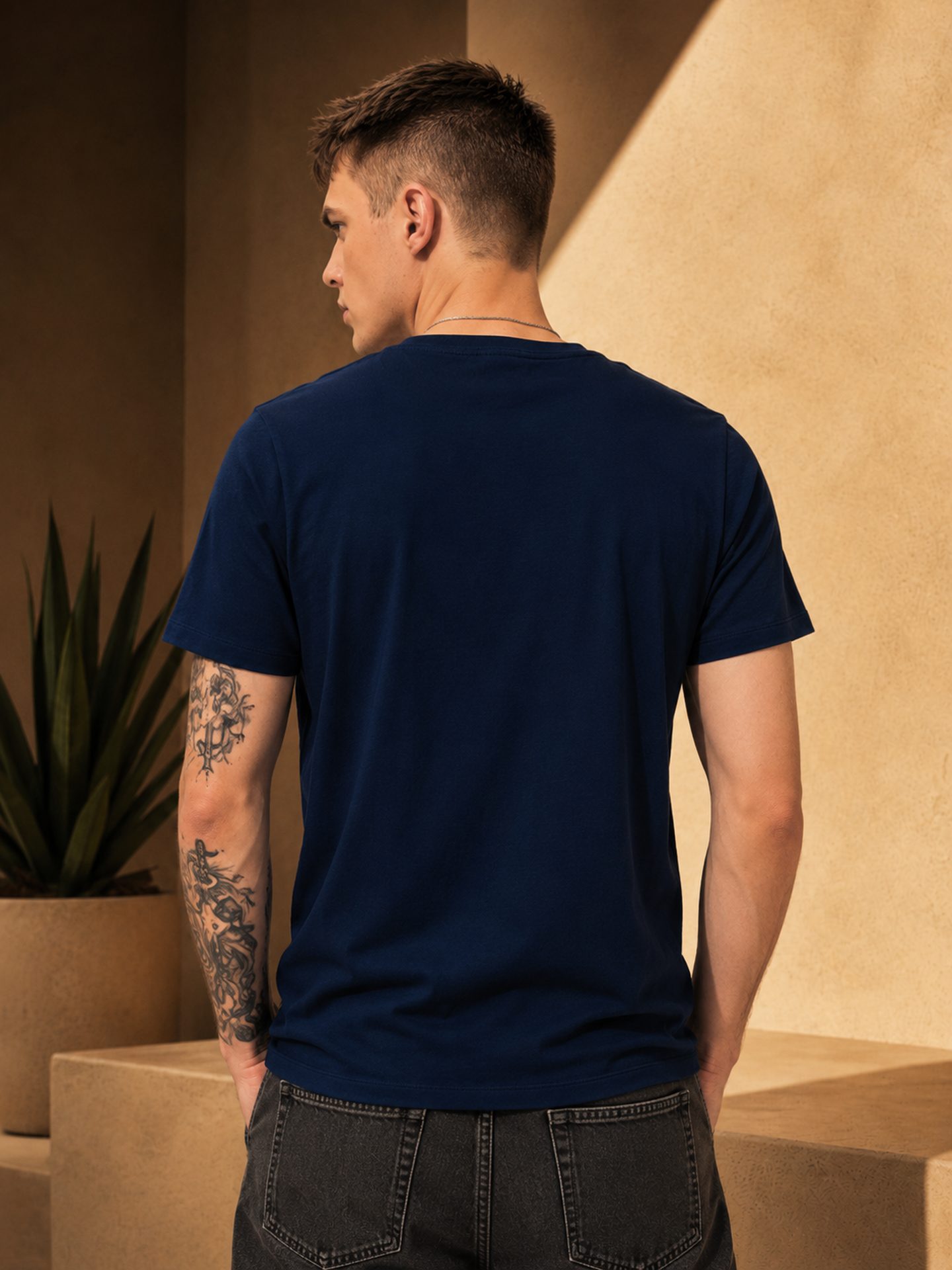 Mens Crew Neck Half Sleeve T-Shirt with  Chest Print Navy Blue