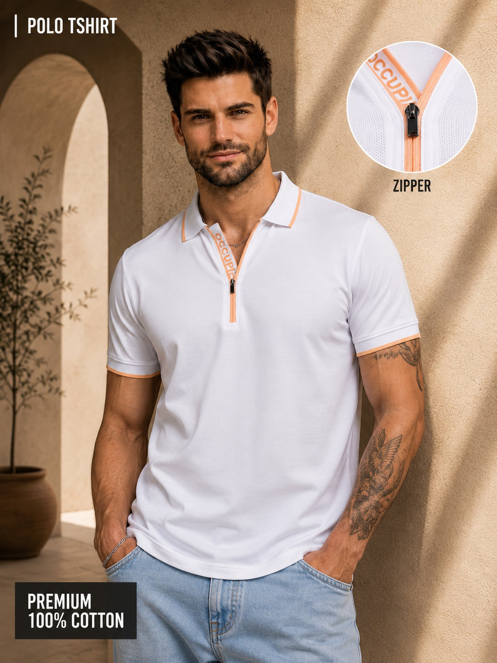 Mens Polo Neck Half Sleeve T-Shirt with Contrast Placket Print & Zipper White