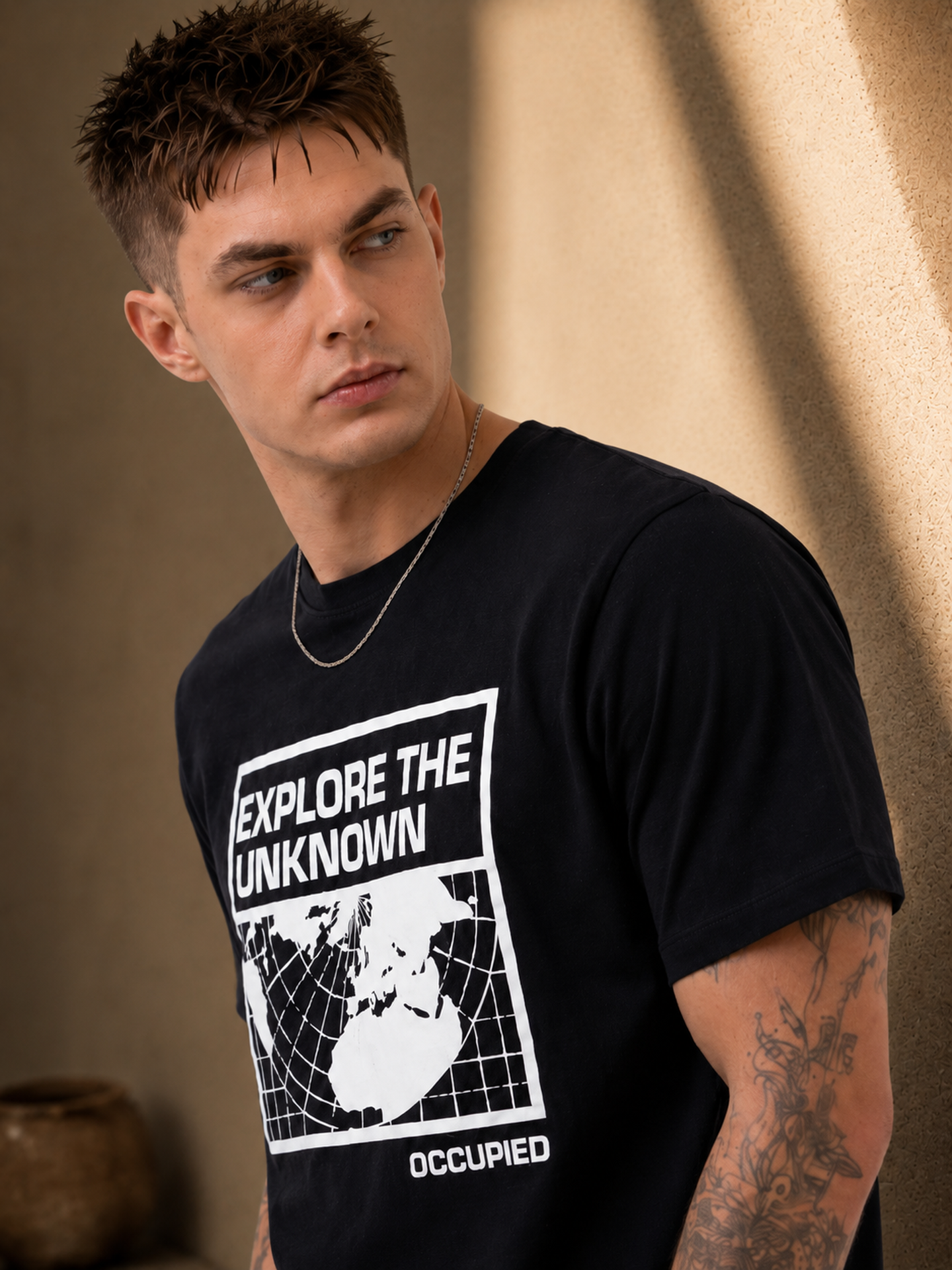 Mens Crew Neck Half Sleeve T-Shirt with Chest Print Black