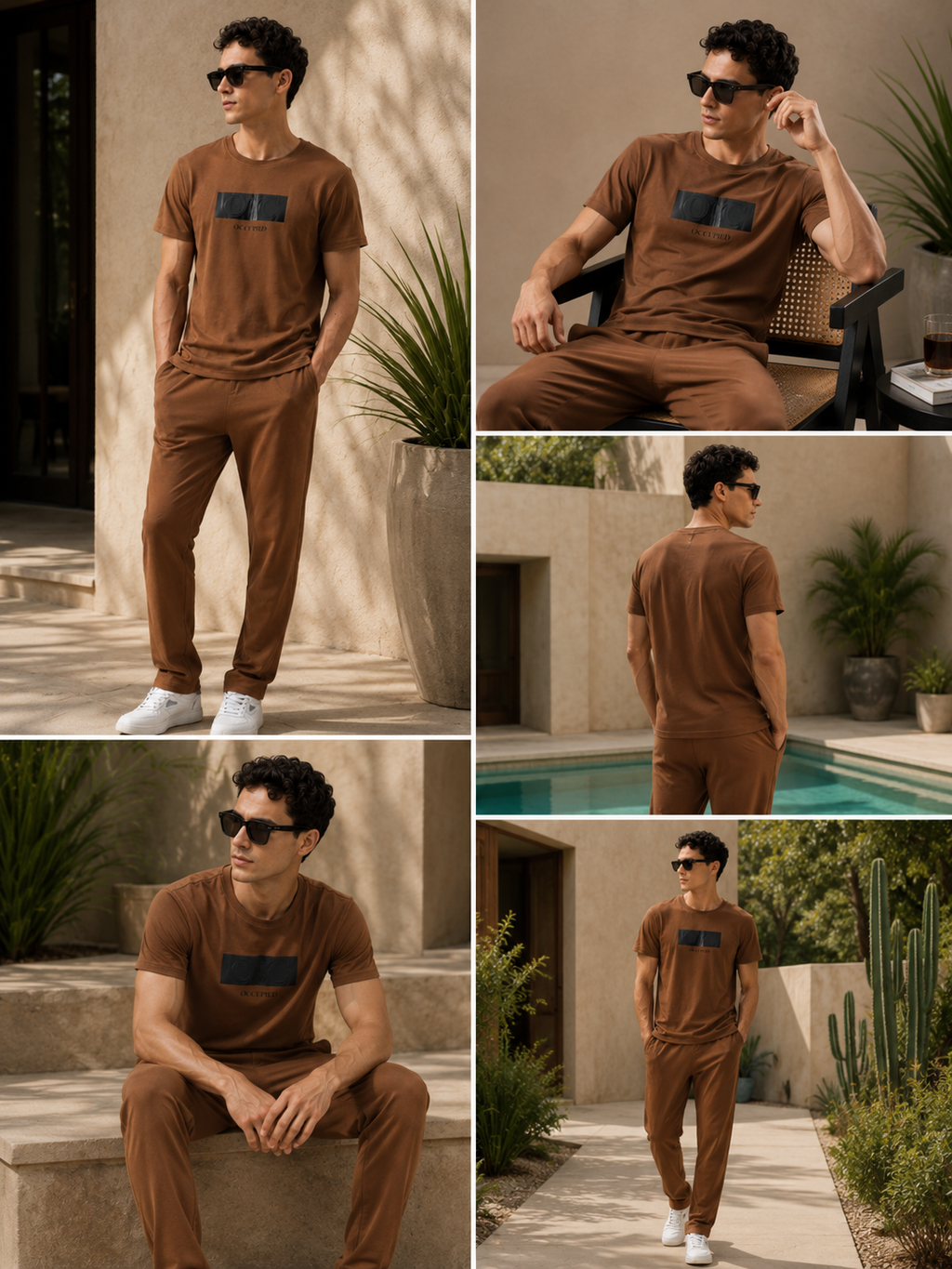 Mens Co-Ords Set with Puff Chest Print Brown