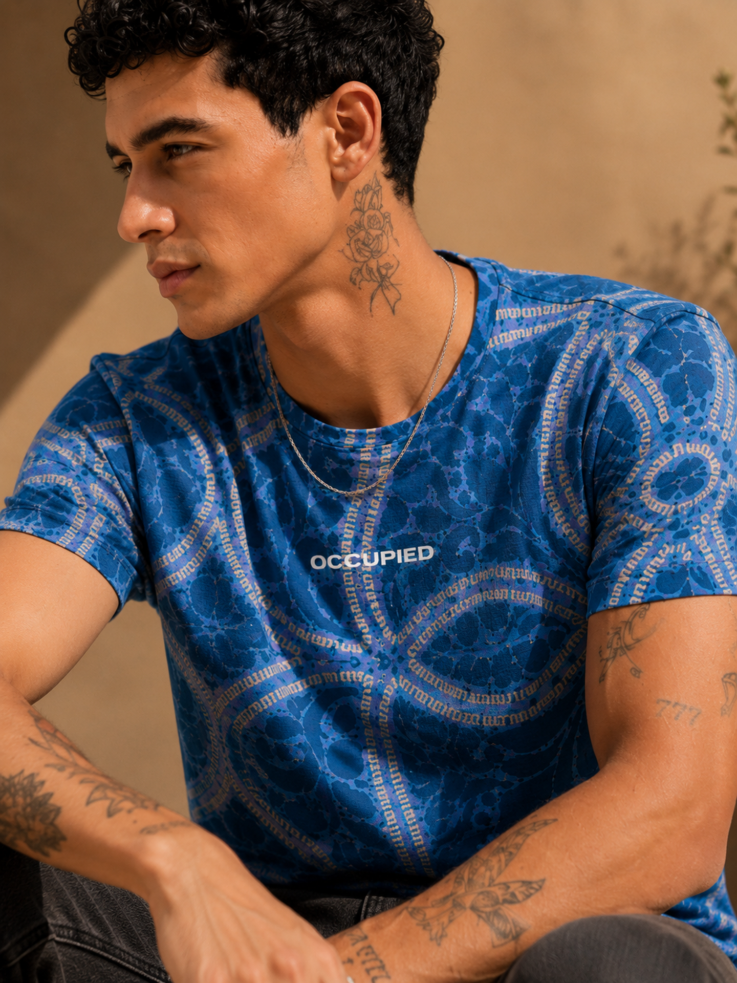Mens Crew Neck Half Sleeve T-Shirt with Chest Print Blue