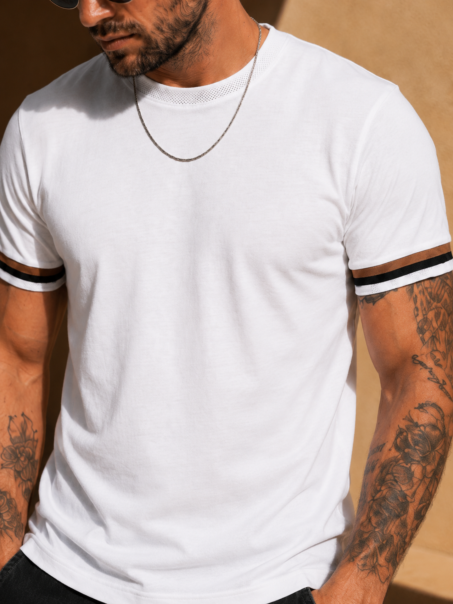Mens Crew Neck Half Sleeve Solid T-Shirt with Contrast Cuff & Rib White