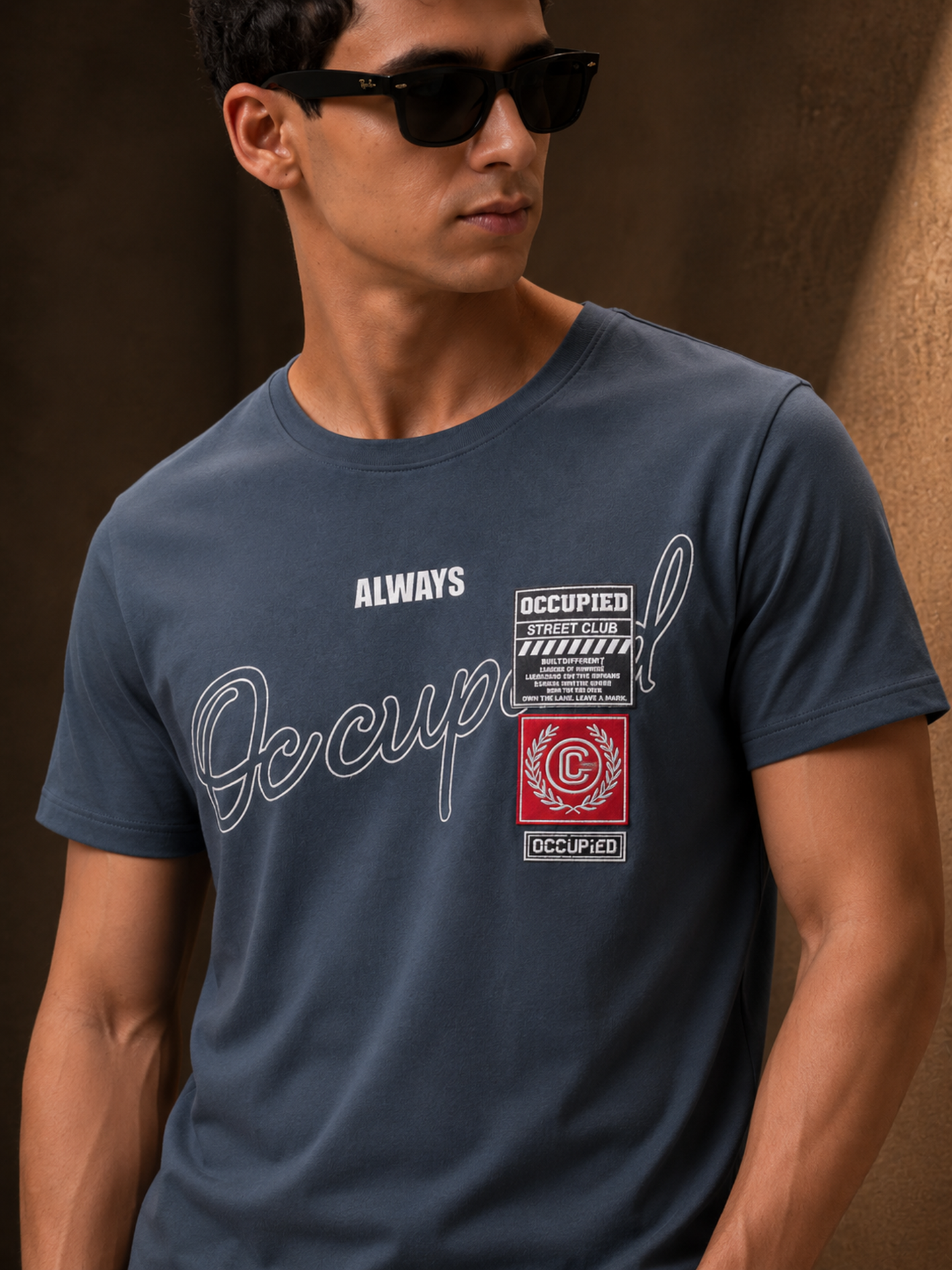 Mens Crew Neck Half Sleeve T-Shirt with Chest Print & Woven Badge Grey
