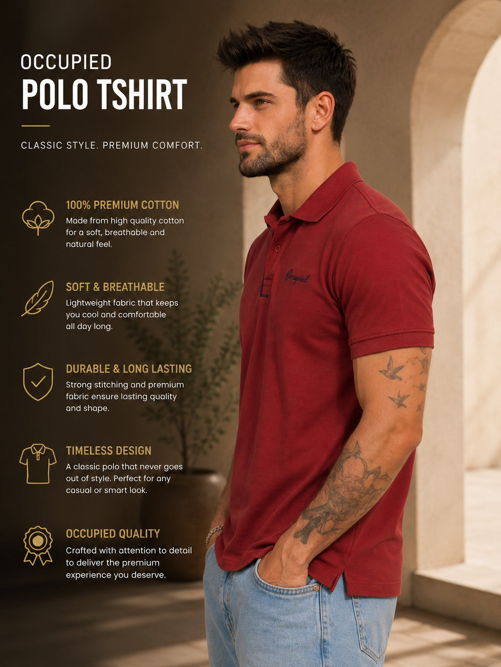Mens Polo Neck Half Sleeve T-Shirt with Collar & Placket Fusing Maroon