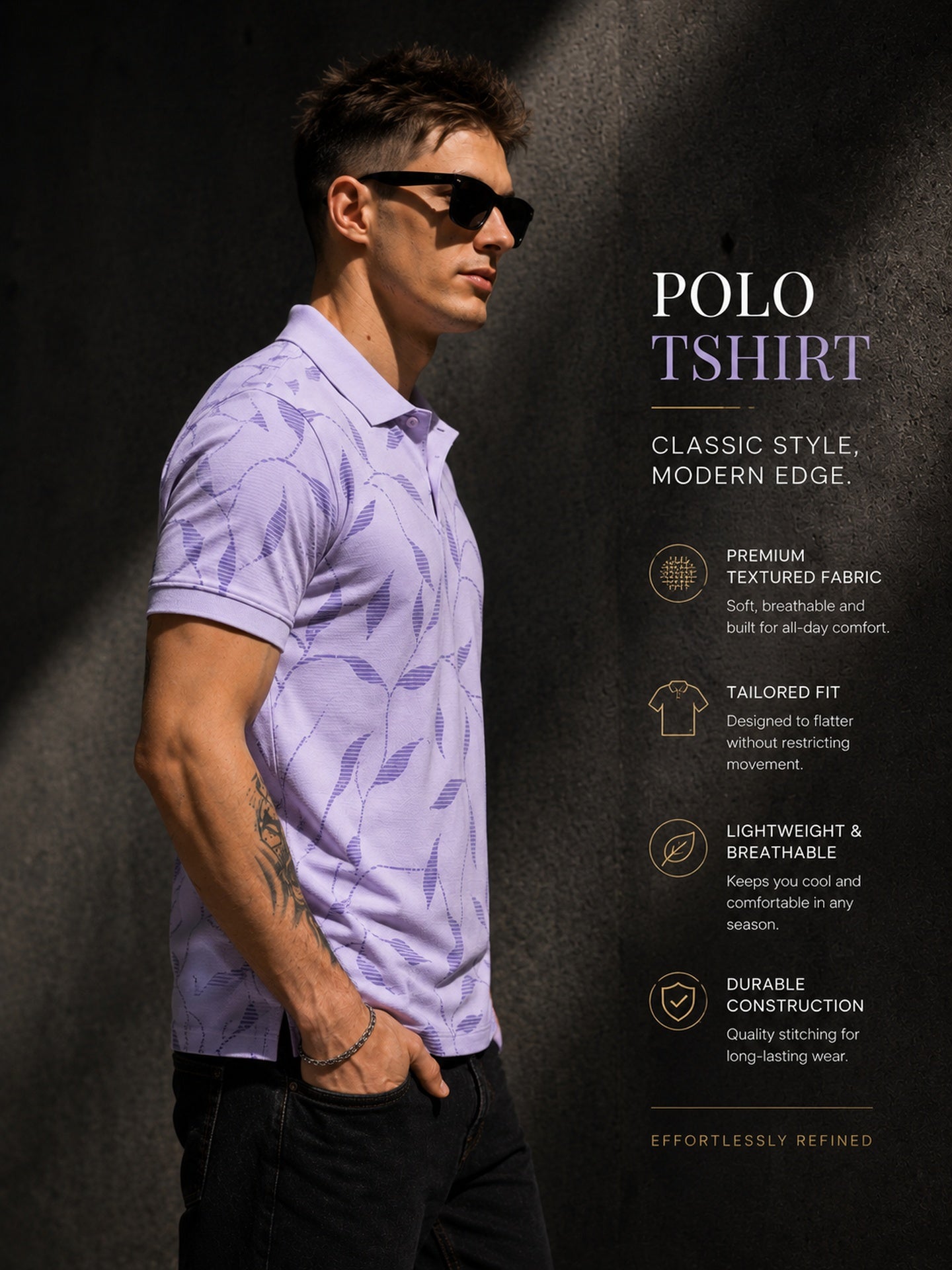 Mens Polo Neck Half Sleeve Printed T-Shirt with All Over Print Purple