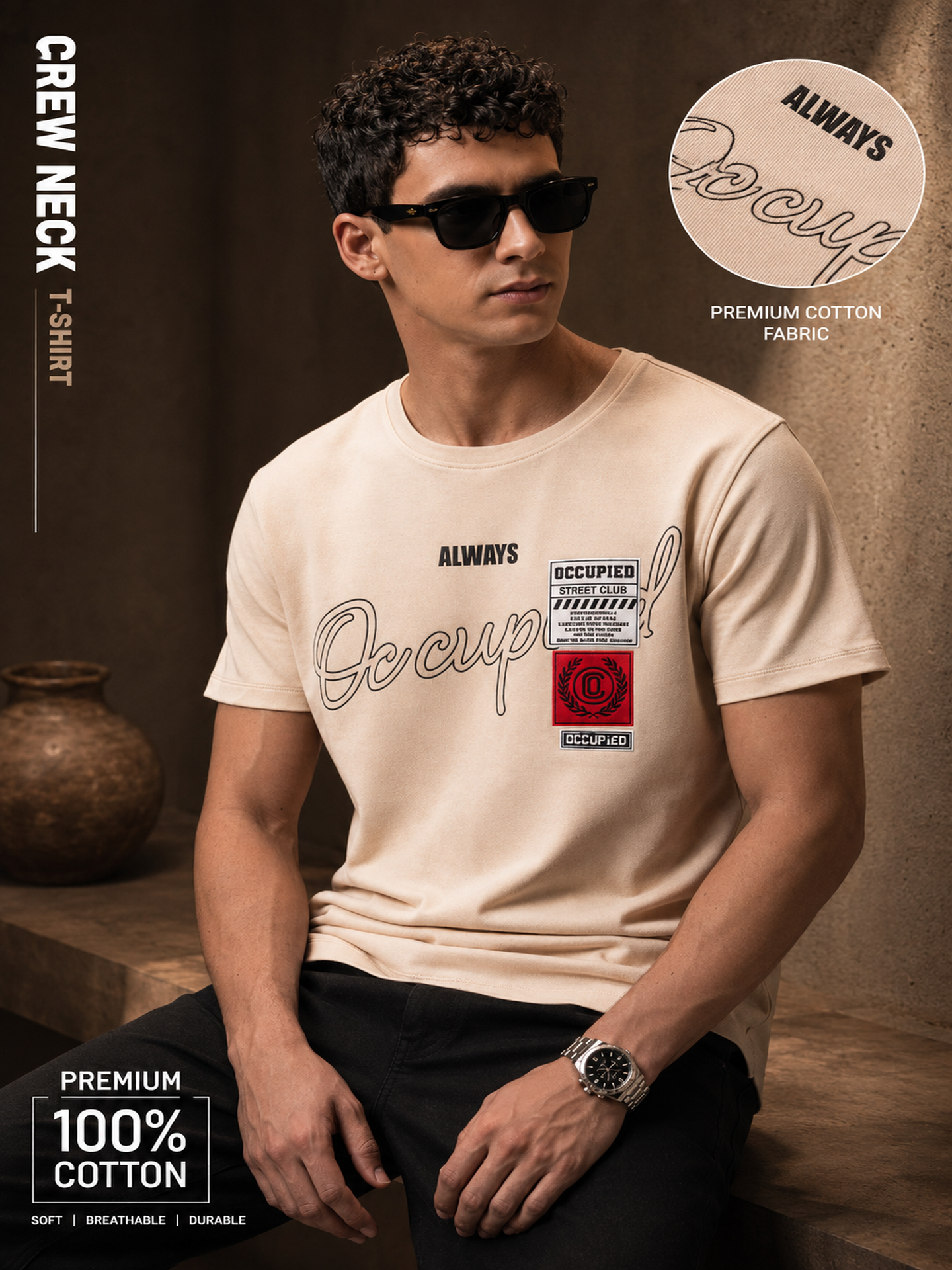 Mens Crew Neck Half Sleeve T-Shirt with Chest Print & Woven Badge Off White