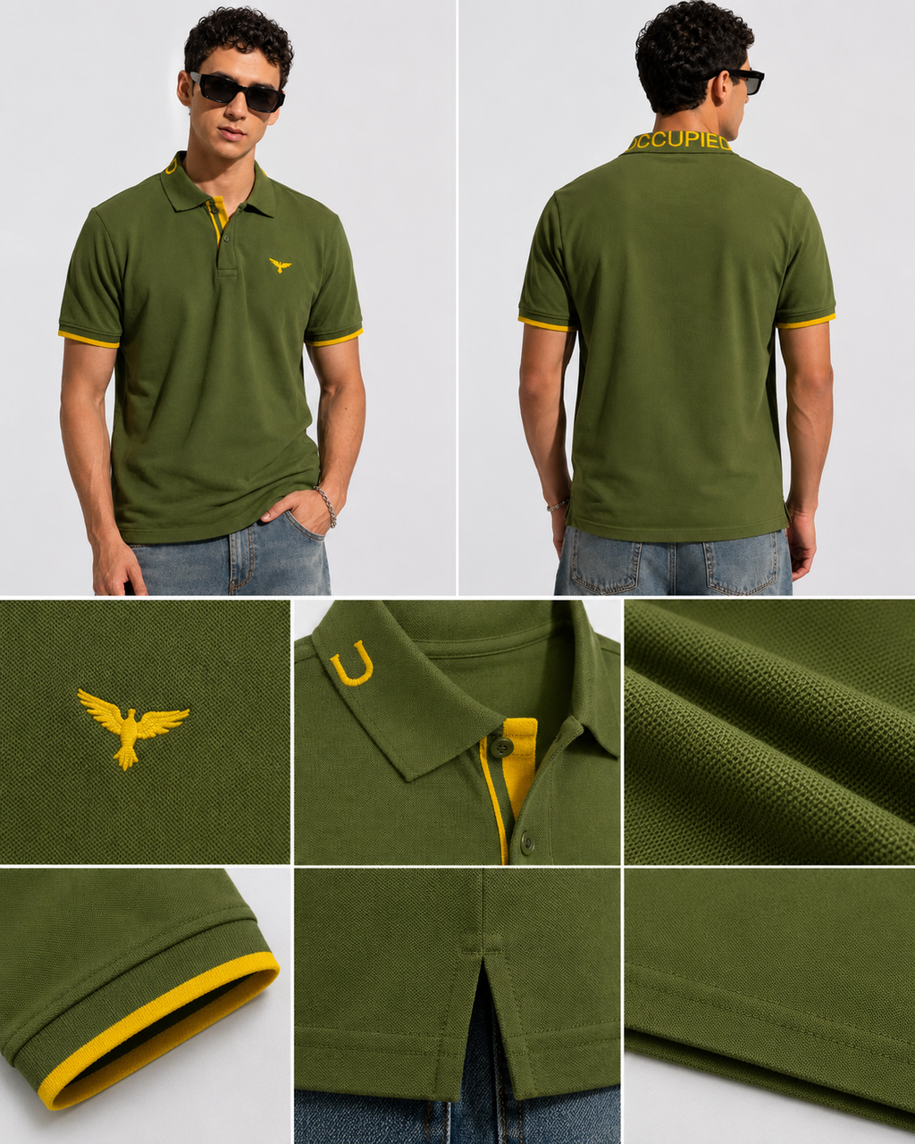 Mens Polo Neck Half Sleeve T-Shirt with  Chest Badge & Contrast Placket Olive
