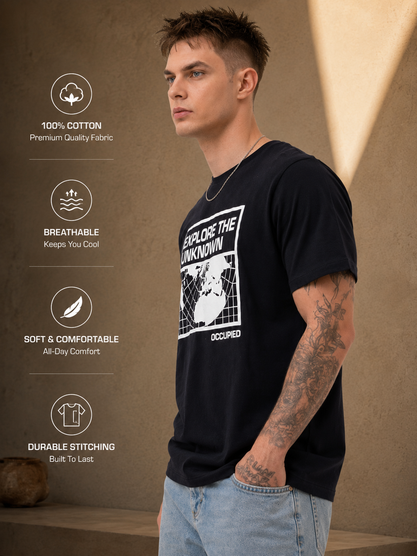Mens Crew Neck Half Sleeve T-Shirt with Chest Print Black