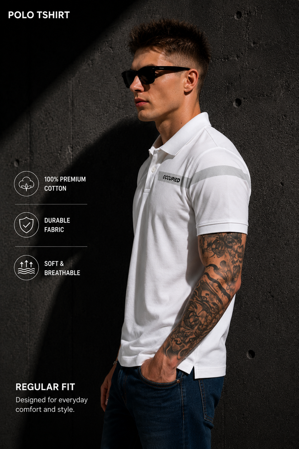 Mens Polo Neck Half Sleeve T-Shirt with Open Placket & HD Badge White