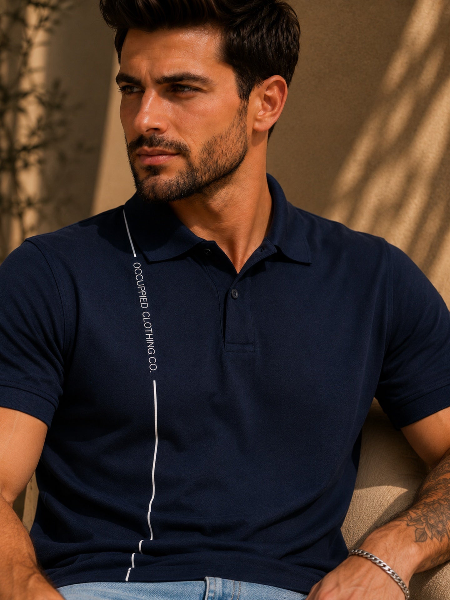 Mens Polo Neck Half Sleeve T-Shirt with Print Navy Blue