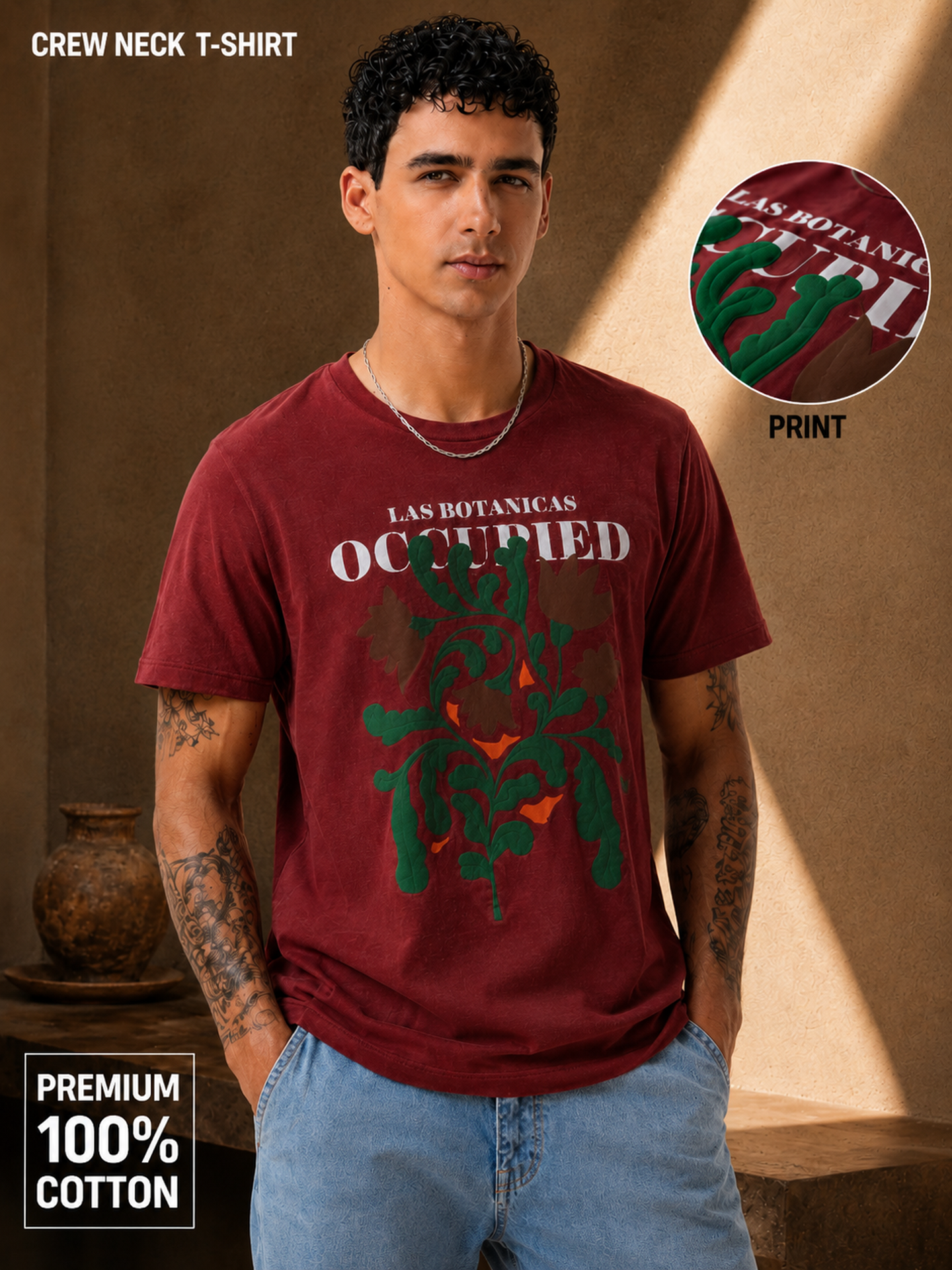 Mens Crew Neck Half Sleeve T-Shirt with Chest Print & Puff Effect Maroon