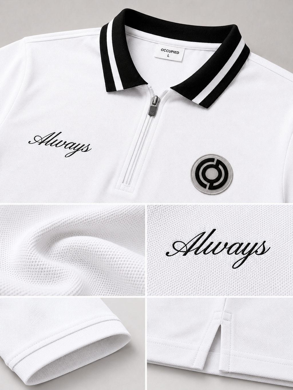 Mens Polo Neck Half Sleeve T-Shirt with Chest Embroidery & Badge White
