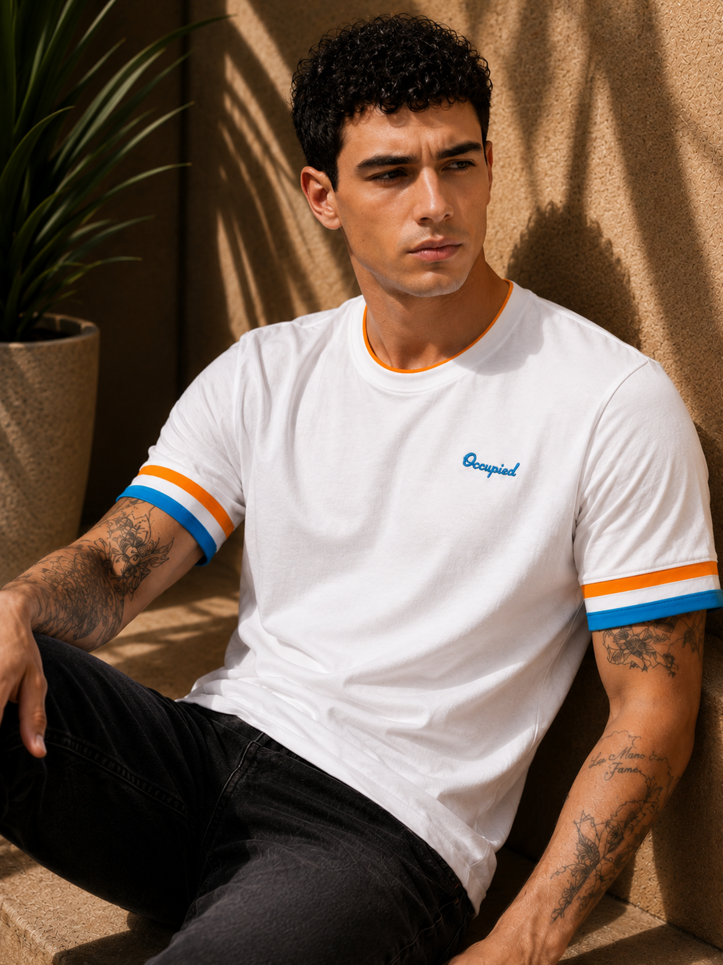 Mens Crew Neck Half Sleeve T-Shirt with Chest Print, Cuff, and Rib Detailing White