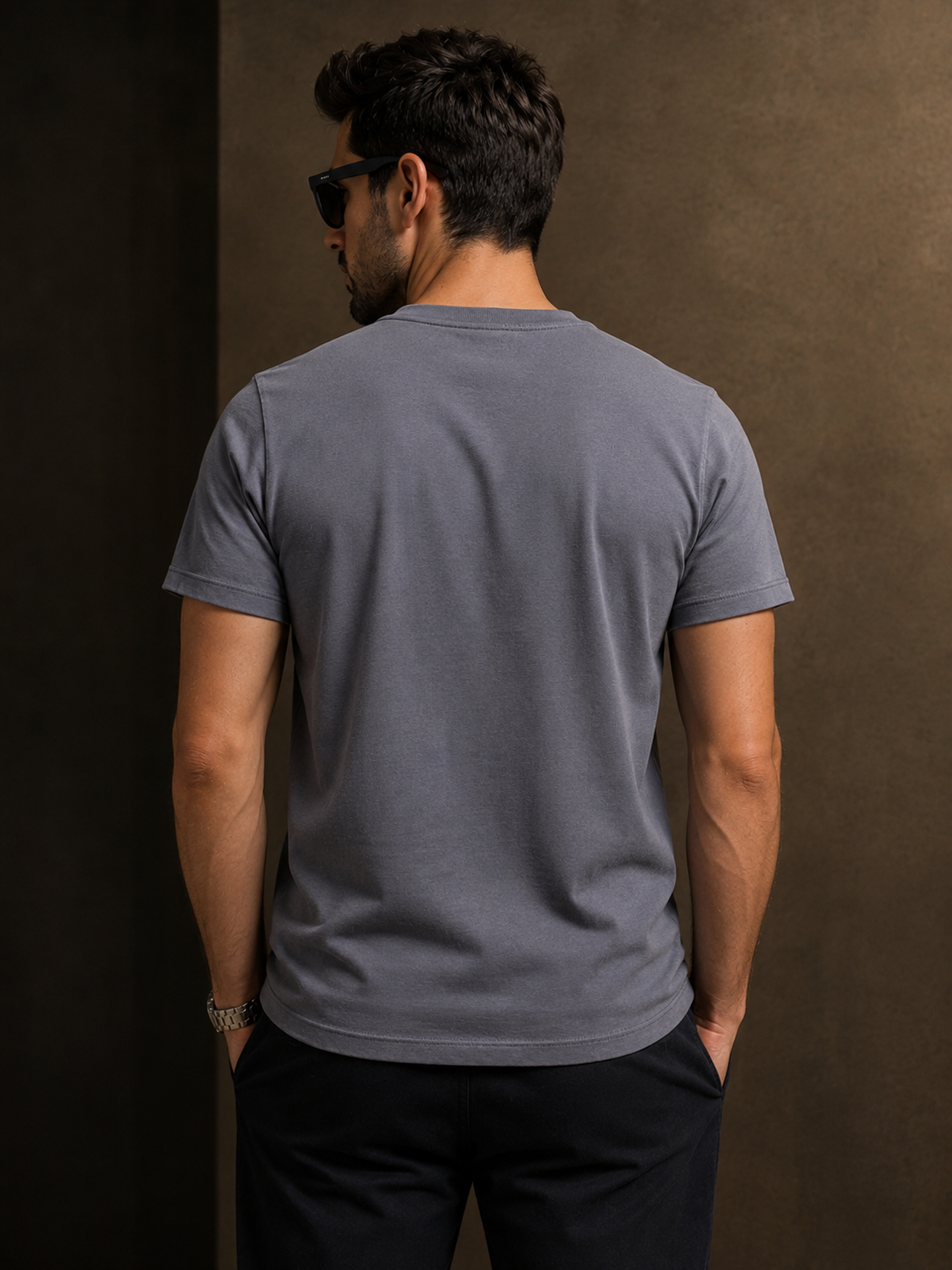 Mens Crew Neck Half Sleeve T-Shirt with Chest Print & Puff Effect Stone Blue