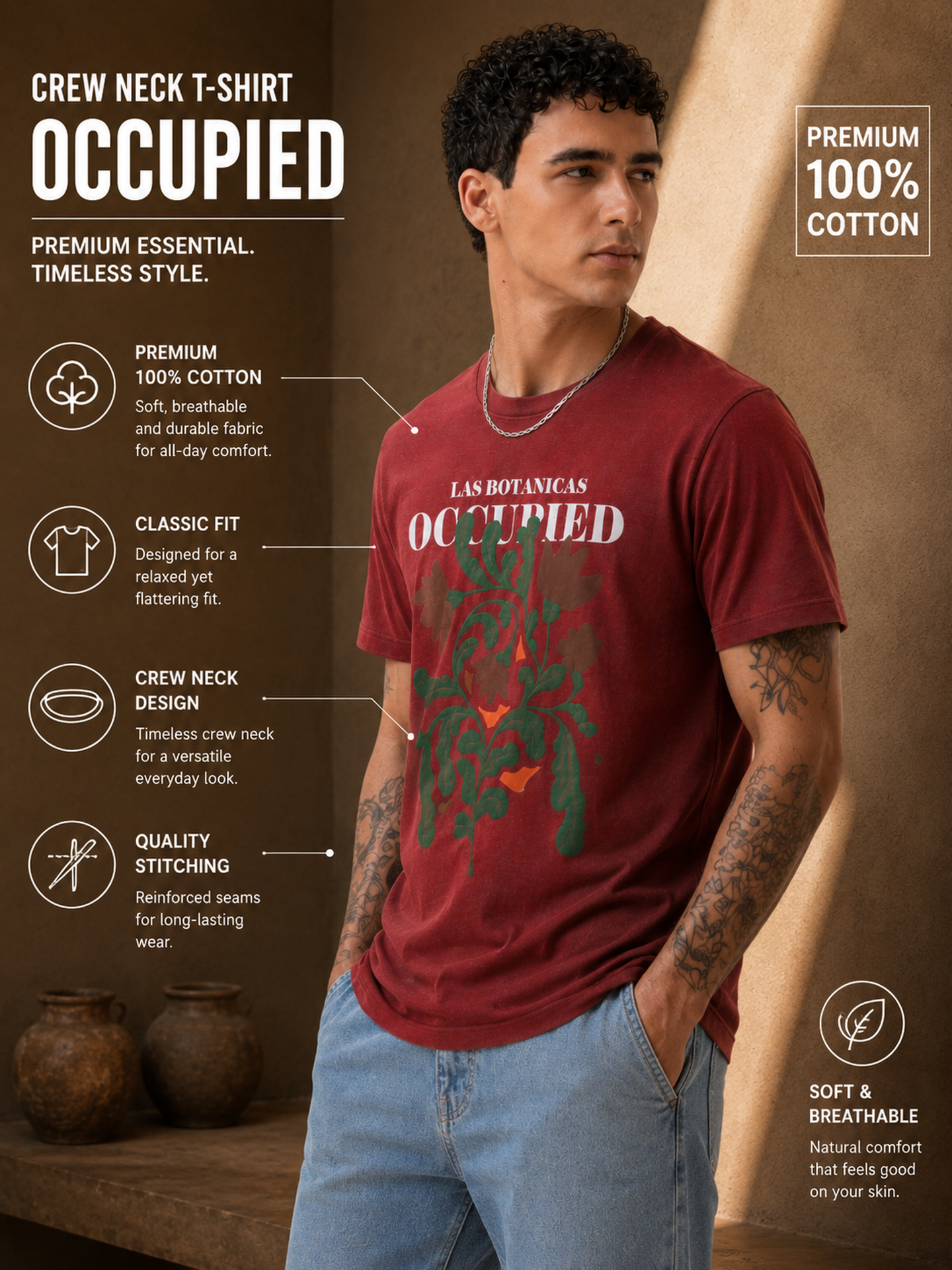 Mens Crew Neck Half Sleeve T-Shirt with Chest Print & Puff Effect Maroon