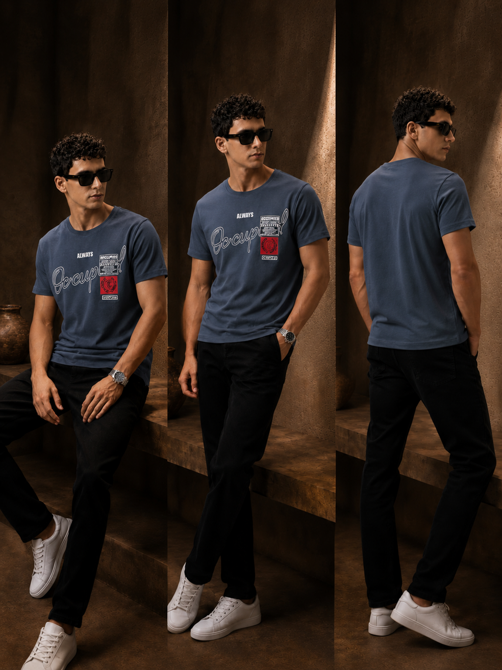 Mens Crew Neck Half Sleeve T-Shirt with Chest Print & Woven Badge Grey
